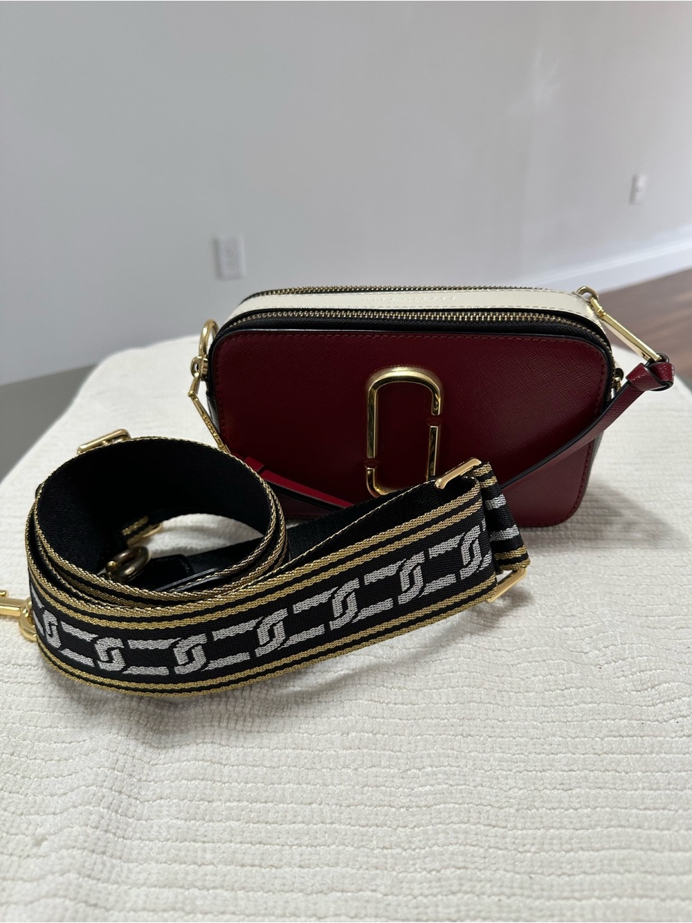 Marc Jacobs Double Zip Crossbody Bag in Burgundy and Cream